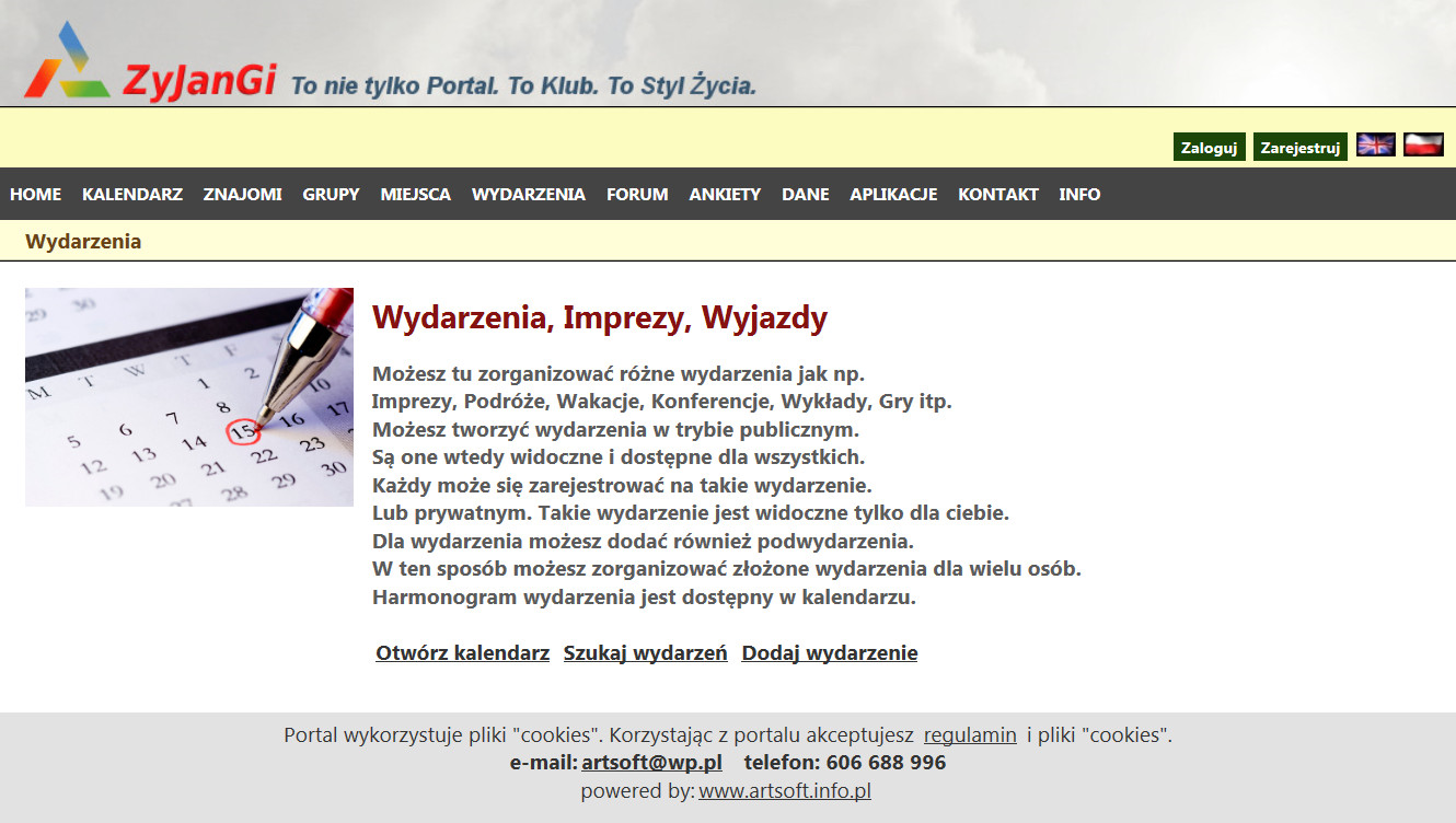 ekran główny wydarzeń wydarzeń